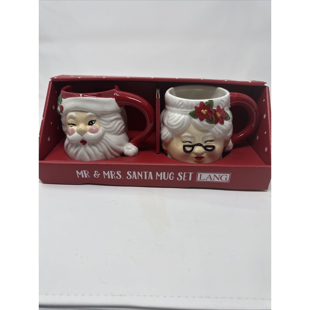 Lang 3D‎ Winking Santa Mr. Mrs. Claus Handpainted Mug Set NEW